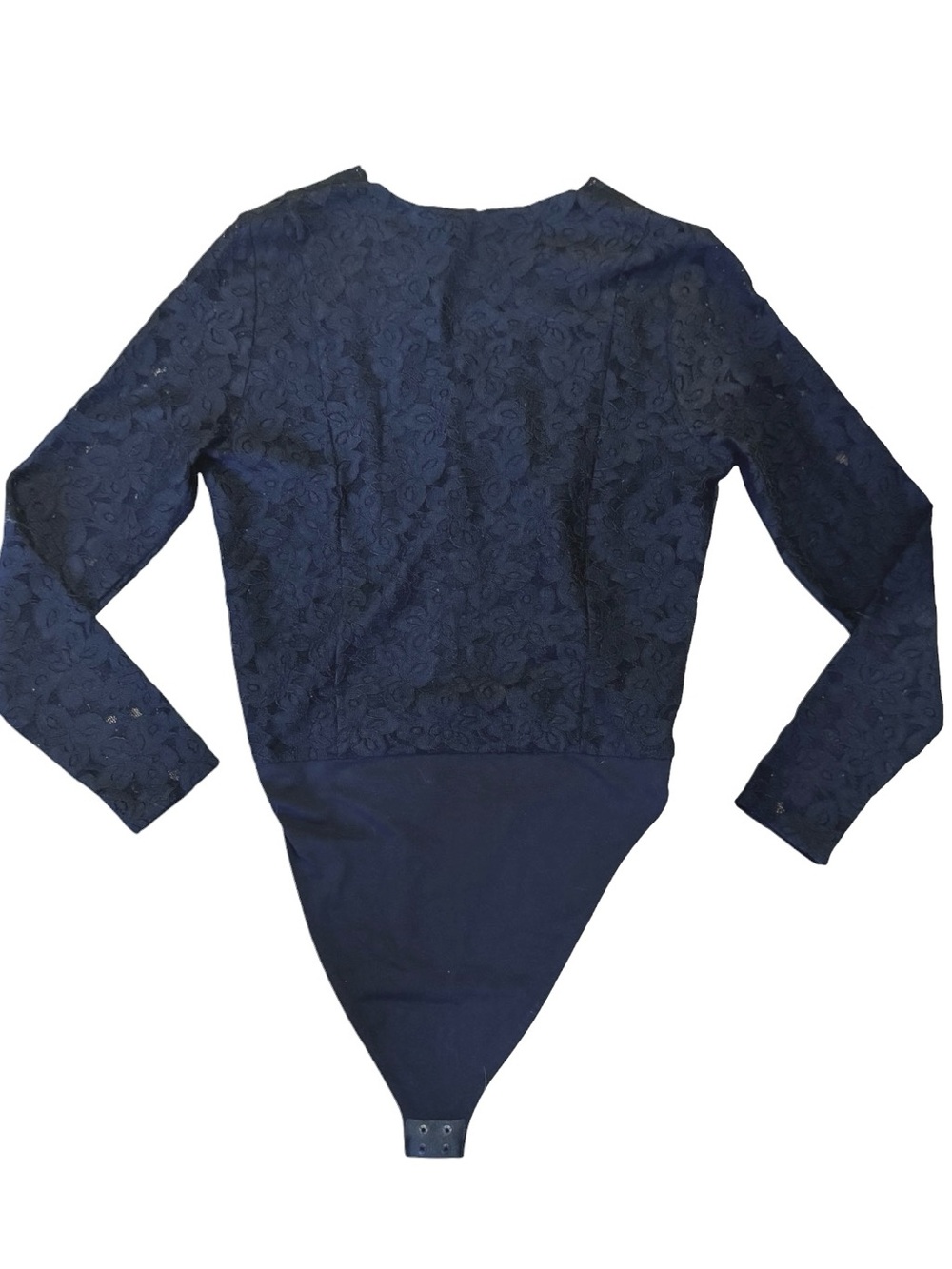 Ann Taylor Black Lace Bodysuit | Medium Scalloped Neck Long Sleeve Elegant Top - Picture 5 of 13